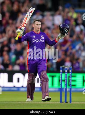 Northern Superchargers' Harry Brook celebrates his century during The Hundred match at Headingley, Leeds. Picture date: Tuesday August 22, 2023. Stock Photo