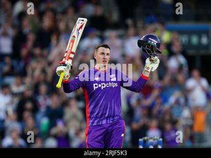 Northern Superchargers' Harry Brook celebrates his century during The Hundred match at Headingley, Leeds. Picture date: Tuesday August 22, 2023. Stock Photo