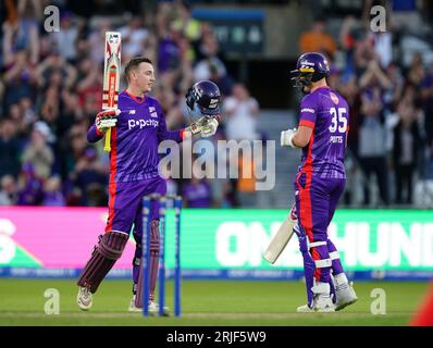 Northern Superchargers' Harry Brook celebrates his century during The Hundred match at Headingley, Leeds. Picture date: Tuesday August 22, 2023. Stock Photo