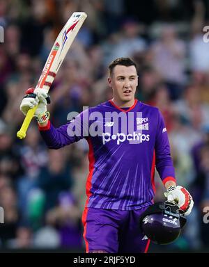 Northern Superchargers' Harry Brook celebrates his century during The Hundred match at Headingley, Leeds. Picture date: Tuesday August 22, 2023. Stock Photo