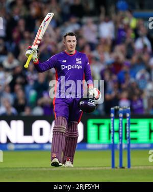 Northern Superchargers' Harry Brook celebrates his century during The Hundred match at Headingley, Leeds. Picture date: Tuesday August 22, 2023. Stock Photo