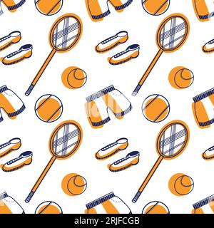 Seamless vector pattern. Tennis: tennis rackets, sneakers, balls, shorts drawn on the tablet in dark blue and orange. Suitable for printing on fabric Stock Vector