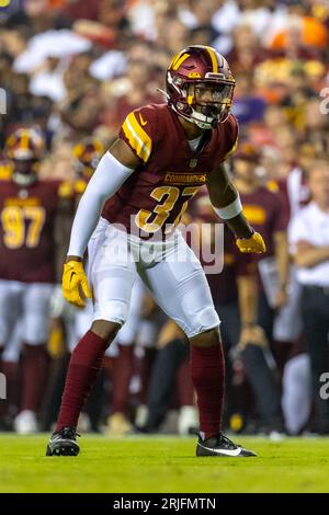 Landover, MD, USA - August 21, 2023 : Washington Commanders cornerback  Rachad Wildgoose (37) lines up during the preseason game between Baltimore  Ravens and the Washington Commanders in Landover, MD. Photographer: Cory