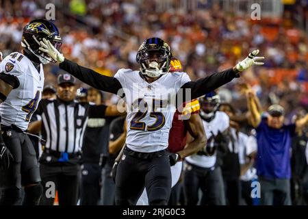 Baltimore Ravens cornerback Kevon Seymour (25) reacts during the