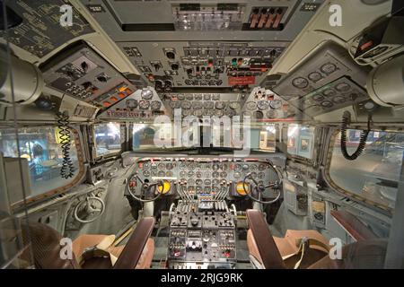 Interior of the cockpit of a 1950's era Douglas DC-7 aircraft Nose  on display at the Smithsonian Institution National Air and Space Museum, Washington, DC, USA Stock Photo