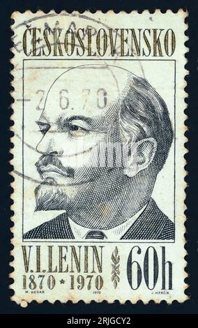 Vladimir Ilich Lenin. Postage stamp issued in Czechoslovakia in 1970. Vladimir Lenin, also called Vladimir Ilich Lenin, original name Vladimir Ilich Ulyanov, (1870 – 1924), founder of the Russian Communist Party (Bolsheviks), inspirer and leader of the Bolshevik Revolution (1917), and the architect, builder, and first head (1917–24) of the Soviet state. He was the founder of the organization known as Comintern (Communist International) and the posthumous source of “Leninism,” the doctrine codified and conjoined with Karl Marx’s works by Lenin’s successors to form Marxism-Leninism. Stock Photo