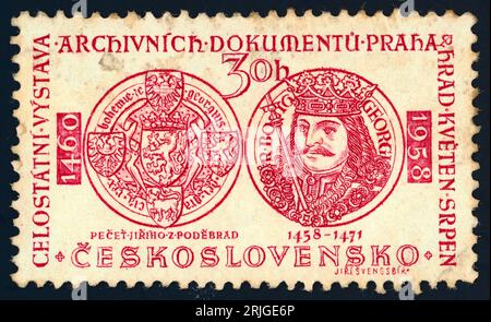 George, byname George of Poděbrady, king of Bohemia from 1458. Postage stamp issued in Czechoslovakia in 1958. George of Kunštát and Poděbrady (1420 – 1471), also known as Poděbrad or Podiebrad (Czech: Jiří z Poděbrad; German: Georg von Podiebrad), was the sixteenth King of Bohemia, who ruled in 1458–1471. He was a leader of the Hussites, but moderate and tolerant toward the Catholic faith. Stock Photo