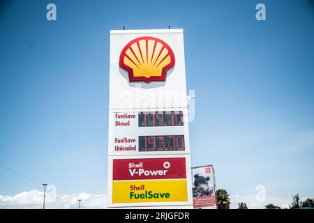Nakuru, Kenya. 22nd Aug, 2023. Fuel prices are seen displayed on a board at a Shell fuel station in Nakuru. An analysis by Global Witness said by 2050, five major fossil fuel corporations - Shell, BP, ExxonMobil, Chevron, and TotalEnergies are set to use up an eighth of the global carbon budget, placing Paris Agreement's 1.5°C goal at grave risk. (Photo by James Wakibia/SOPA Images/Sipa USA) Credit: Sipa USA/Alamy Live News Stock Photo