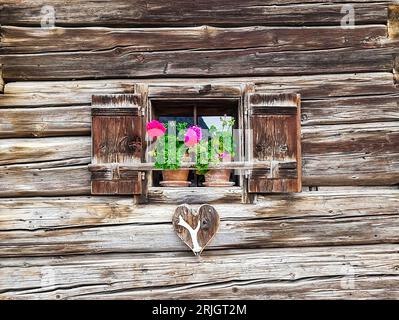 Old vintage wooden window with geranium flowers in the small alpine village Tauplitz, a famous tourist attraction, Styria region, Austria Stock Photo
