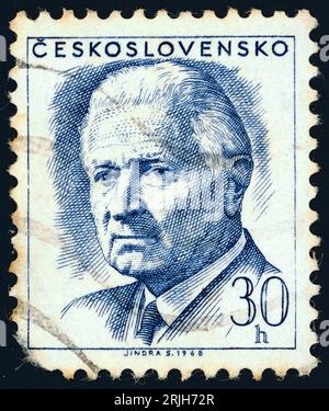 Ludvík Svoboda (1895 – 1979). Postage stamp issued in Czechoslovakia in 1968. Ludvík Svoboda was a Czech general and politician. He fought in both World Wars, for which he was regarded as a national hero, and he later served as the president of Czechoslovakia from 1968 to 1975. Stock Photo