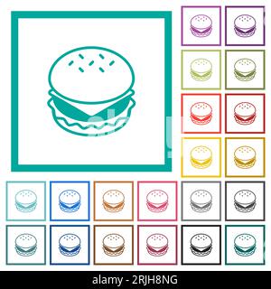 Cheeseburger flat color icons with quadrant frames on white background Stock Vector