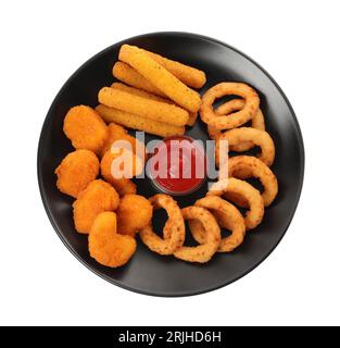 Tasty chicken nuggets, fried onion rings, cheese sticks and ketchup isolated on white, top view Stock Photo