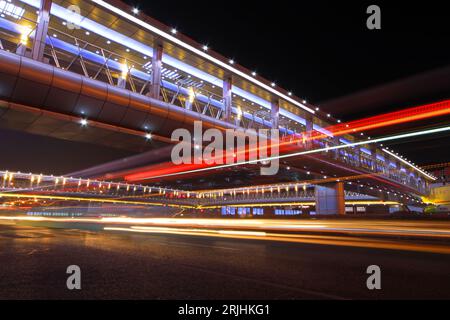 light trails on the modern street at night in beijing, China Stock Photo