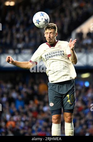Glasgow, Scotland, 22nd August 2023.  Olivier Boscagi of PSV Eindhoven  during the UEFA Champions League match at Ibrox Stadium, Glasgow. Picture credit should read: Neil Hanna / Sportimage Stock Photo