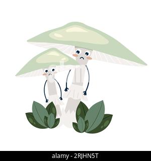 Funny pale toadstools with faces, childrens cartoon character. Edible and inedible mushrooms, vector illustration Stock Vector