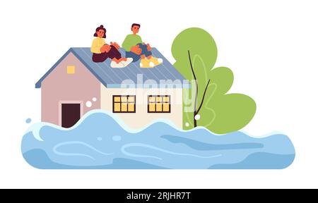 Scared people on flooded house roof monochrome concept vector spot ...