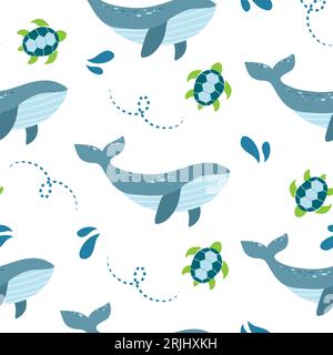 Seamless pattern with whales and turtles.  Stock Vector