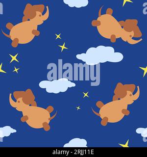 Seamless repeat pattern with elephants and clouds on blue background. Cute elephant pattern for children fabric. Vector Stock Vector