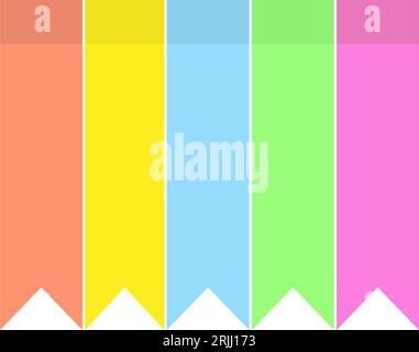 Vector set of 5 colorful paper flagshaped stickers in trendy bright sades on a transparent backdrop. Colored post templates in yellow, pink, blue, green and orange color. Pointer. Isolate. Vector. EPS Stock Vector