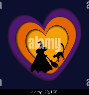 Vector design in paper cut style with black cat and witch silhouette on a heart shaped background in trendy Halloween shades. EPS. Design for poster, banner, cards, price tag, label or web. Copyspace  Stock Vector