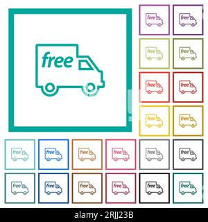 Free shipping outline flat color icons with quadrant frames on white background Stock Vector
