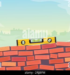spirit level on top bad brick wall Stock Vector