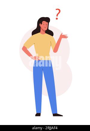Woman thinking with question mark. Female character design in asking pose. Vector illustration in flat style Stock Vector