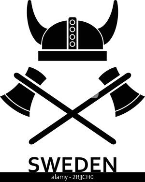 Horned helmet, axes and Sweden lettering icon Stock Vector