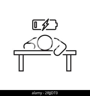 tired person in the workplace, tiredness or burnout icon, low level energy in work battery, exhausted and sleepy man, thin line symbol - editable stro Stock Vector