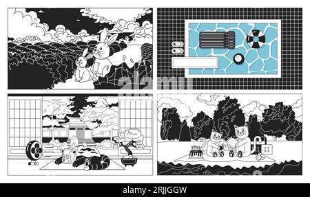 Kawaii animals black and white cute chill lo fi wallpapers set Stock Vector