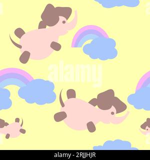 Seamless repeat pattern with elephants and clouds on yellow background. Cute elephant pattern for children fabric. Stock Vector