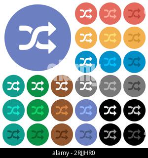 shuffle solid multi colored flat icons on round backgrounds. Included white, light and dark icon variations for hover and active status effects, and b Stock Vector