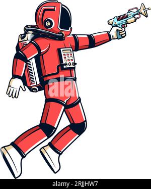 Astronaut in a red spacesuit with a blaster in hand. Stock Vector