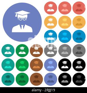 Graduate male avatar multi colored flat icons on round backgrounds. Included white, light and dark icon variations for hover and active status effects Stock Vector
