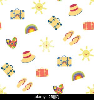 Cute vector travel seamless pattern background with sun, suitcases, flip flops, hearts, rainbows. Fun repeat with colorful vacation icons on white Stock Vector