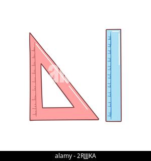 Geometric triangular ruler and straight ruler. Hand drawn stationery supplies doodle. Vector design illustration isolated on white background. Stock Vector