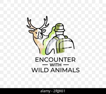 Encounter with wild animals in wild nature, colored graphic design. Travel, hiking, adventure, tourist, elk, deer and stag, vector design Stock Vector