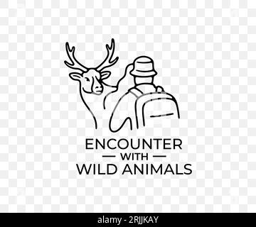 Encounter with wild animals in wild nature, linear graphic design. Travel, hiking, adventure, tourist, elk, deer and stag, vector design Stock Vector