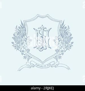 Vintage NJ JN initial monogram with floral wedding crest. Vintage wedding crest monogram. Stock Vector