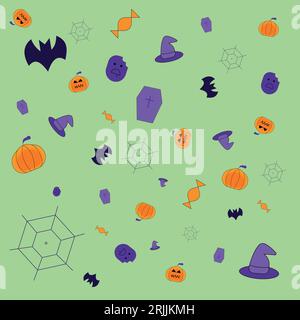 Cute halloween pattern. Halloween colors vector illustration. Pumpkin, bat, coffin, witch hat, candy and spider web. Stock Vector