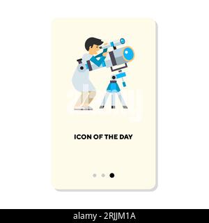 Astronomer looking through telescope flat icon Stock Vector