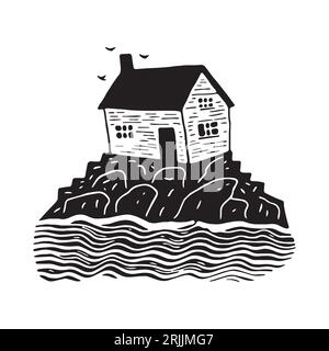 Whimsical beach hut block print illustration for tropical travel concept. Vector coastal house stylized for holiday. Stock Vector