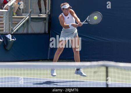 New York, USA. 22nd Aug, 2023. Mary Stoiana of USA returns ball during 1st round match against Victorija Golubic of Switzerland of qualifying for US Open Championship at Billy Jean King Tennis Center in New York on August 22, 2023. Golubic won in straight sets. (Photo by Lev Radin/Sipa USA) Credit: Sipa USA/Alamy Live News Stock Photo