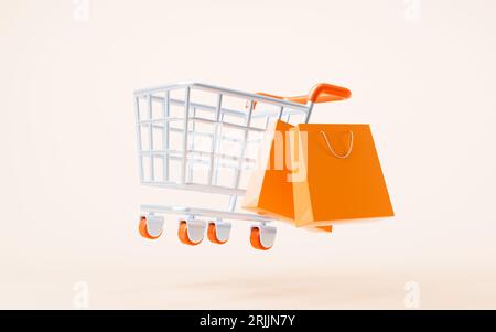 Cartoon shopping cart with shopping theme, 3d rendering. Digital drawing. Stock Photo