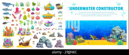 Cartoon octopus, submarine and fish shoals on underwater landscape ...