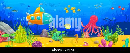 Cartoon octopus, submarine and fish shoals on underwater landscape vector background. Cute marine animals on tropical coral reef bottom, sea turtle, s Stock Vector