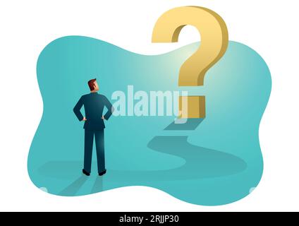 Vector illustration of a businessman looking at big question mark. Stock Vector