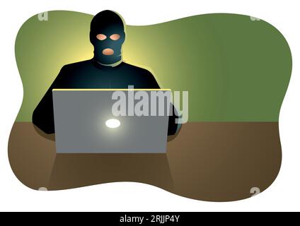 Vector illustration of a hacker behind laptop computer Stock Vector