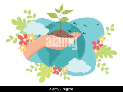 Simple flat vector illustration of a hand holding a young tree with world illustration as the background. Go green, save the planet, earth day concept Stock Vector