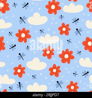 Cute pattern with dragonflies, red flowers, clouds on light blue. Spring insects children pattern in hand drawn style. Children spring pattern in blue. Vector illustration Stock Vector